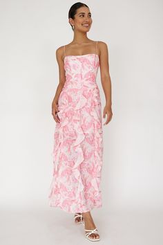 Maxi dress Partially lined Adjustable straps No padding Cascading ruffle trim High split Zipper in back Sweep them off their feet in our stunning Serif maxi dress. We are head over heels for its gorgeous cascading ruffles and feminine floral print. Perfect for a wedding or birthday brunch with your besties. Team it with strappy, white heels and a clutch for a look that will send you straight to the best-dressed list. MODEL INFO Model is wearing size XS Height: 5'7" Bust: 32.0" Waist: 24.0" Hips: Yellow Bridesmaid Dresses, Yellow Bridesmaids, Cascading Ruffles, Birthday Brunch, Split Maxi Dress, Lace Bodycon Dress, White Heels, Iron Material, Date Night Dresses