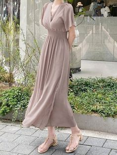 Ladies' Korean Style Elegant Solid Color Long Short-Sleeved Tie-Up Dress Dusty Pink Casual  Short Sleeve Chiffon Plain A Line Non-Stretch Summer Women Clothing, size features are:Bust: ,Length: ,Sleeve Length: Tie Up Dress, Dress Dusty, Women Long Dresses, Long Shorts, Style Elegant, Dress P, Summer Women, Women Clothing, Long Dress