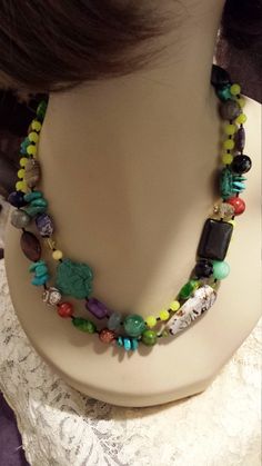 "Two strand beaded faceted jade, turquoise, jasper, onyx, laborodite, imperial jasper and other great pieces. This beautiful necklace measures 19\" long and looks great with lots of outfits." Pearl And Jasper Necklace, Knot Jewelry, Imperial Jasper, Jewelry Knots, Of Outfits, Multi Strand Necklace, Beautiful Necklace, Strand Necklace, Multi Strand