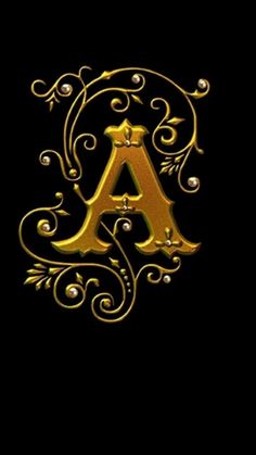 the letter a is made up of gold and pearls on a black background with swirly scrolls