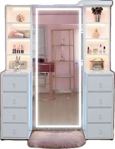 an open white closet with drawers and shelves