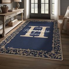 a large blue rug with the letter i on it in front of a door that says, this happiness is evidence