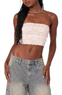 This cool cropped tube top is crafted from lovely lace for day-to-date-night charm. Strapless 95% polyester, 5% spandex Machine wash, dry flat Imported Fitted Lace Trim Tube Top For Spring, Lace Tube Top For Spring, Spring Lace Tube Top, Feminine Stretch Bandeau Tube Top, Spring Lace Sleeveless Tube Top, Feminine Stretch Cropped Top, Strapless Lace Trim Tube Top, Summer Lace Bandeau Crop Top, Summer Lace Sleeveless Tube Top