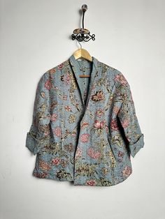 Cotton Flower Quilt Handmade Jacket Short Kimono Front Open Gray Color For Women Spring Fitted Outerwear With Shawl Collar, Spring Cotton Blazer With Floral Print, Long Sleeve Blazer With Floral Embroidery For Spring, Vintage Floral Print Outerwear For Spring, Winter Long Sleeve Floral Blazer, Spring Floral Print Cotton Blazer, Embroidered Cotton Outerwear With Kimono Sleeves, Bohemian Fitted Spring Blazer, Vintage Floral Print Outerwear For Work