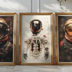 three framed photographs of astronauts in space suits