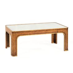 a coffee table with a glass top and wooden frame on the bottom, against a white background