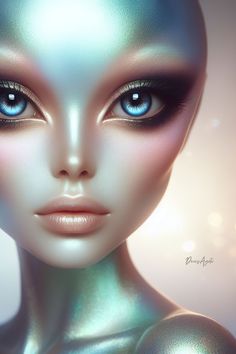 an alien woman with blue eyes and silver makeup