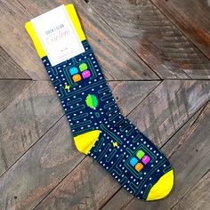 Navy And Yellow With Pacman Design. Nwt Fitted Multicolor Cotton Socks, Fun Yellow Cotton Socks, Fun Blue Cotton Socks, Casual Yellow Socks For Stocking Stuffers, Navy And Yellow, Casual Socks, Mens Socks, Yellow Blue, Blue Yellow