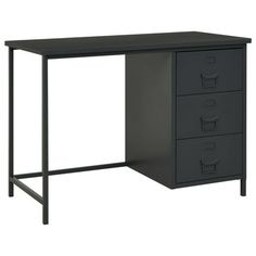 an office desk with three drawers on one side and two file cabinets on the other