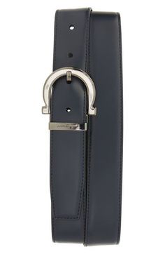 Signature Gancio hardware brands a sleek Italian-crafted calfskin belt that reverses from black to navy for two sharp looks in one. 1 1/4" belt width; 2" square buckle Reversible Leather Made in Italy Mens Belts, Leather Belt, Calf Skin, In Italy, Buckle, Sleek, Nordstrom, Italy, Navy