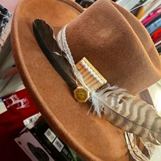 Beautiful Custom Hat! Brand New Hat (Interior Size Adjust String). Boho Brown With Lace And Brown Cord Hat Band. Detailed With Match Book, Feathers, Antique Watch Face, Playing Card Snipit! Cowboy Hats With Feathers, Hat Branding, Western Hats For Women, Gucci Cap, Red Bucket Hat, Cowboy Hat Bands, Hat Bar, Match Book, Disney Hats