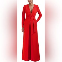 Brand: Bcbgmaxazria Size(S): 0, 2, 4 Color: Red Material: Fully Lined, Primarily Polyester Features: V-Neck, Long Sleeves, Wide-Leg Silhouette, Back Zip Closure, Side-Seam Pockets Condition: New With Tags Occasions: Suitable For Business Casual Events, Formal Gatherings, And Elegant Evenings Fitted Red Pantsuit For Evening, Elegant Red Jumpsuit For Workwear, Elegant Red Jumpsuits And Rompers For Work, Elegant Red Jumpsuits And Rompers For Spring, Elegant Red Jumpsuits And Rompers For Date Night, Red Elegant Long Sleeve Pantsuit, Elegant Red Long Sleeve Pantsuit, Red Long Sleeve Formal Jumpsuit And Romper, Formal Red Long Sleeve Jumpsuits And Rompers