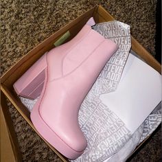 Brand New Steven Madden Pink Leath Boots, Item Was More Of An Impulse Buy, So They Have Never Been Worn! Item Is A Size 10 Trendy Faux Leather Booties With Round Toe, Trendy Closed Toe Leather Heeled Boots, Trendy Leather Heeled Boots With Closed Toe, Trendy Leather Closed Toe Heeled Boots, Pink Leather Spring Booties, Trendy Leather Martin Boots With Block Heel, Pink Round Toe Booties For Fall, Pink Ankle-high Platform Boots For Fall, Fall Season Pink Ankle-high Platform Boots