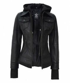 Affordable Black Leather Jacket For Winter, Luxury Leather Jacket With Detachable Hood For Winter, Luxury Hooded Biker Jacket For Fall, Luxury Biker Jacket With Detachable Hood For Fall, Cheap Women's Biker Leather Jacket, Cheap Collared Leather Jacket With Pockets, Cheap Black Biker Jacket For Winter, Affordable Women's Biker Jacket For Work, Affordable Black Leather Jacket With Pockets