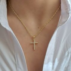 Gold Filled Cross Necklace, Religious Cross Charm Necklace, Dainty Cross Necklace, Cubic Zirconia Gold Necklace, Christian Cross Necklace  ♥ Each piece looks beautiful alone or great for laying.  ♥ I ensure a high-quality piece of jewelry you can wear for a long time (Please read care instructions below).    Made with high quality of Stainless steel, 18K gold filled and real 18K gold plated tarnish resistant, Hypoallergenic, lead and nickel free.    (This gold plated have 3x layers of solid 18k Crystal Cross Clavicle Chain Jewelry, Gold Crystal Rhinestone Cross Pendant Necklace, Crystal Cross Pendant Clavicle Necklace, Crystal Clavicle Chain With Cross Shape, Elegant Rhinestone Cross Necklace On Clavicle Chain, Crystal Cross Clavicle Chain, Elegant Rhinestone Cross Clavicle Necklace, Gold Cross Crystal Necklace, Gold Cross Necklace With Crystal