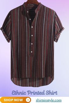 Men's Shirt Printed Cotton Half Sleeve T-shirt, Casual Half Sleeve Shirt For Vacation, Brown Summer Beach Shirt, Casual Patterned Shirt For Vacation, Casual Patterned Short Sleeve Shirt For Vacation, Casual Half Sleeve Summer Shirt, Brown Cotton Printed Tops, Cotton Half-sleeve T-shirt For Summer, Bohemian Patterned Shirt For Summer