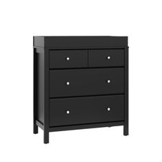 a black dresser with four drawers and two doors on the bottom drawer, in front of a white background