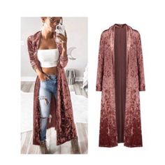 Sweaters | Pink Kimono Cardigan | Poshmark Long Kimono Cardigan, Gilet Kimono, Velvet Duster, Cardigan Rosa, Mode Mantel, Velvet Cardigan, Velvet Kimono, Gilet Long, Womens Windbreaker