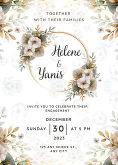 an elegant wedding card with flowers and leaves