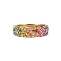 an 18k yellow gold ring with multicolored stones and diamonds on the sides