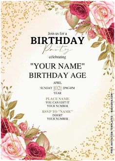 a birthday card with roses and leaves on it