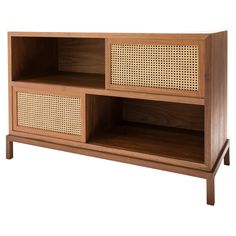 the sideboard is made from wood and has wicker panels on it's sides