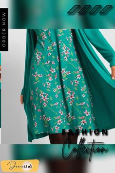 Two Pieces Floral Green Mini Dress Green Long Sleeve Viscose Dress, Green Viscose Knee-length Dress, Green Viscose Dress For Fall, Green Floral Print Viscose Dress, Green Mini Dress, Color Pick, Two Pieces, Casual Fashion, Mini Dress