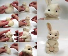 several pictures of stuffed animals being made to look like rabbits