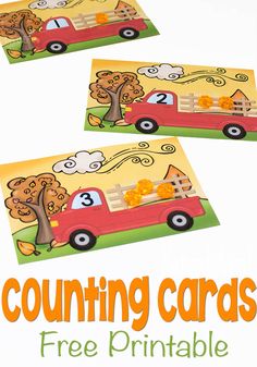 three counting cards with trees and pumpkins in the back, on top of a white background