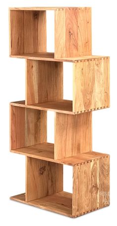 the wooden shelves are stacked high on each other and have four different compartments for storage