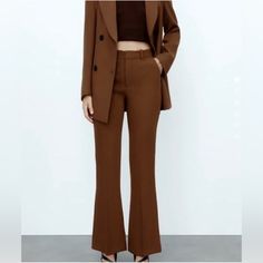 Zara Brown Flared Pants Trousers Nwt Excellent Condition Solid Color Fall Pantsuit With Straight Pants, Fall Solid Pantsuit With Straight Pants, Solid Straight Pantsuit For Fall, Fall Season Solid Color Straight Pantsuit, High-waisted Pantsuit With Pockets For Fall, Brown Straight Pants For Office, Office Brown Trousers, Straight Brown Pants For Office, Brown Ankle-length Office Pants