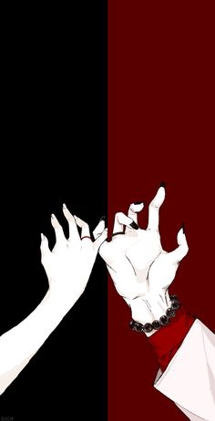 two hands reaching for each other in front of a red black and white striped background