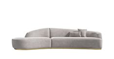 a grey couch with two pillows on it and a pillow in the middle, sitting against a white background