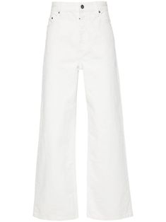 white cotton denim classic five pockets logo patch to the rear straight leg concealed fly and button fastening Modern White Bottoms For Streetwear, Chic White Denim Jeans, White Standard Cut Leg Pants For Work, White Standard Cut Pants For Work, Standard Cut White Pants For Work, White Pants For Workwear, White Relaxed Fit Cropped Jeans With Tapered Leg, White Standard Cut Leg Bottoms For Work, White Tapered Leg Cropped Jeans