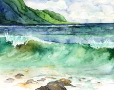 a watercolor painting of waves crashing on the beach