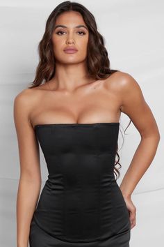 Sphynx Satin Corset Top - Black Satin Corset With Built-in Bra For Night Out, Strapless Corset With Built-in Bra For Night Out, Stretch Tube Top With Built-in Bra For Evening, Party Stretch Tube Top With Boned Bodice, Stretch Tube Top With Boned Bodice For Party, Party Tube Top With Boned Bodice And Stretch, Strapless Party Tube Top With Lined Body, Strapless Lined Tube Top For Party, Glamorous Strapless Tube Top With Built-in Bra