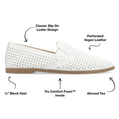 This sophisticated look is detailed with our signature 4mm Tru Comfort Foam� footbed for all-day support. The Lucie by Journee Collection is a loafer flat elevated by a 1/2 inch block heel. Vegan leather uppers twin notches at the sides and round perforations finish the design. At Journee Collection our flat styles will have you looking just as professional as the boss at work to having the cutest shoes when you go out for the night. White Slip-on Loafers With Perforated Toe Box, White Slip-on Flats With Perforated Toe Box, White Slip-ons With Perforations, White Slip-on Loafers With Cushioned Footbed, White Perforated Slip-on Shoes, White Perforated Slip-ons, White Cushioned Slip-on Loafers, White Cushioned Loafers, White Loafers With Perforated Toe Box