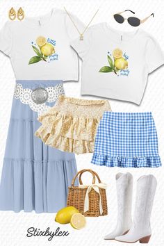 two outfits with yellow and blue gingham, one is white and the other is blue