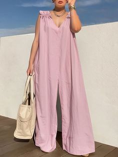 Loose Sleeveless Pleated Solid Color Zipper V-Neck Jumpsuits BLUE-XL Art Sewing, Solid Color Jumpsuits, Stylish Jumpsuit, Leisure Fashion, Pink Jumpsuit, Green Jumpsuit, Plus Size Jumpsuit, Daily Dress, Fashion Seasons