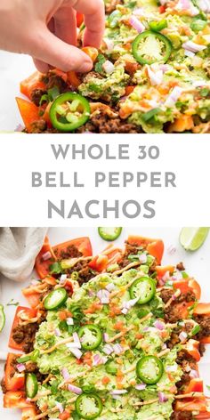 the process of making a whole 30 bell pepper nachos is shown in two pictures