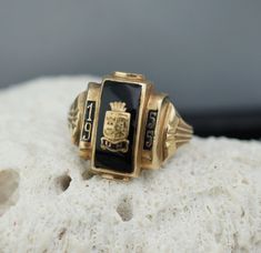 Vintage Art Deco Jewelry Bastian 10k Yellow Gold 1955 Black Onyx Stone Signet Size 11 Art Deco Modernist by VintageEstate86 on Etsy Black 14k Gold Engraved Jewelry, Engraved Black 14k Gold Jewelry, Engraved 14k Black Gold Jewelry, Engraved Black Enamel Jewelry, Vintage Black Enamel Signet Ring For Anniversary, Antique Signet Ring With Black Enamel For Gift, Antique Black Enamel Signet Ring As Gift, Antique Black Signet Ring For Gift, Antique Black Jewelry With Polished Finish