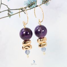 amethyst natural stone dangle drop earrings Purple Gemstone Bead Dangle Earrings, Purple Gemstone Beads Dangle Earrings, Gold Spiritual Earrings With Gemstone Beads, Purple Dangle Earrings With Gemstone Beads, Purple Gemstone Round Bead Earrings, Purple Gemstone Earrings With Round Beads, Spiritual Gemstone Earrings With Round Beads, Spiritual Amethyst Earrings With Natural Stones, Healing Amethyst Earrings With Natural Stones