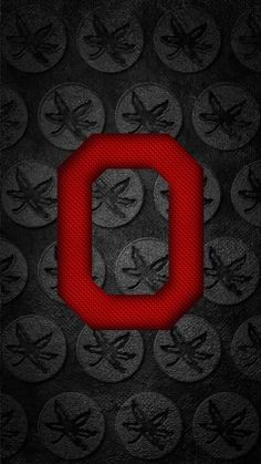 the letter o is made up of many small circles and birds on black leather with red stitching