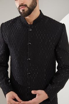 Black silk sherwani with intricate cutdana emrboidery. - Aza Fashions Sherwani For Men, Sara Ali Khan, Kareena Kapoor Khan, Luxury Sale, Band Collar, Fashion App, Embroidered Silk, Black Silk, Modern Bride