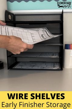 a person is holding some papers in front of a file cabinet with the words wire shelves early finisher storage