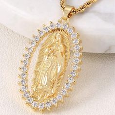 Brand New White Pendant Necklace With Rhinestones, Virgin Mary Jewelry, Mother Mary Necklace, Mary Jewelry, Virgin Mary Pendant, Mary Necklace, Virgin Mary Necklace, Good Prayers, Jewelry Lookbook