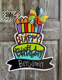 1/4" PRINTED wood door hanger. 27" tall Sealed and finished with a matching bow. Recommended for use on a covered porch. Chalkboard Door, Birthday Door, Template Birthday, Door Hanger Template, Wood Door Hangers, Wood Cutouts, Hand Painting Art, Colour Images, Door Hanger