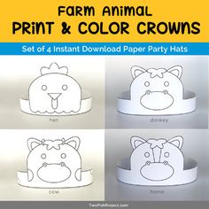 Color Me Farm Animal Party Hat, Barnyard Paper Crown: Cow, Horse, Donkey, Hen Animal Party Hats, Masks Kids, Coloring Mask, Farm Animal Party, Printable Masks, Barnyard Party, Farm Crafts, Paper Crowns, Birthday Party Hats