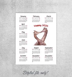 a calendar with two giraffes on it and the words happy 2013 written in red