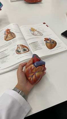 a person holding an open book on top of a table next to a heart model